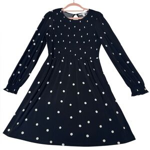 POPSUGAR‎ Black Polka Dot Smocked Waist Long Sleeve Dress - Size M
